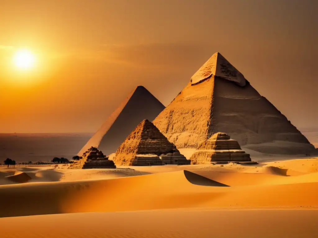 La majestuosidad de las pirámides de Giza en Egipto, bañadas por la cálida luz dorada del atardecer