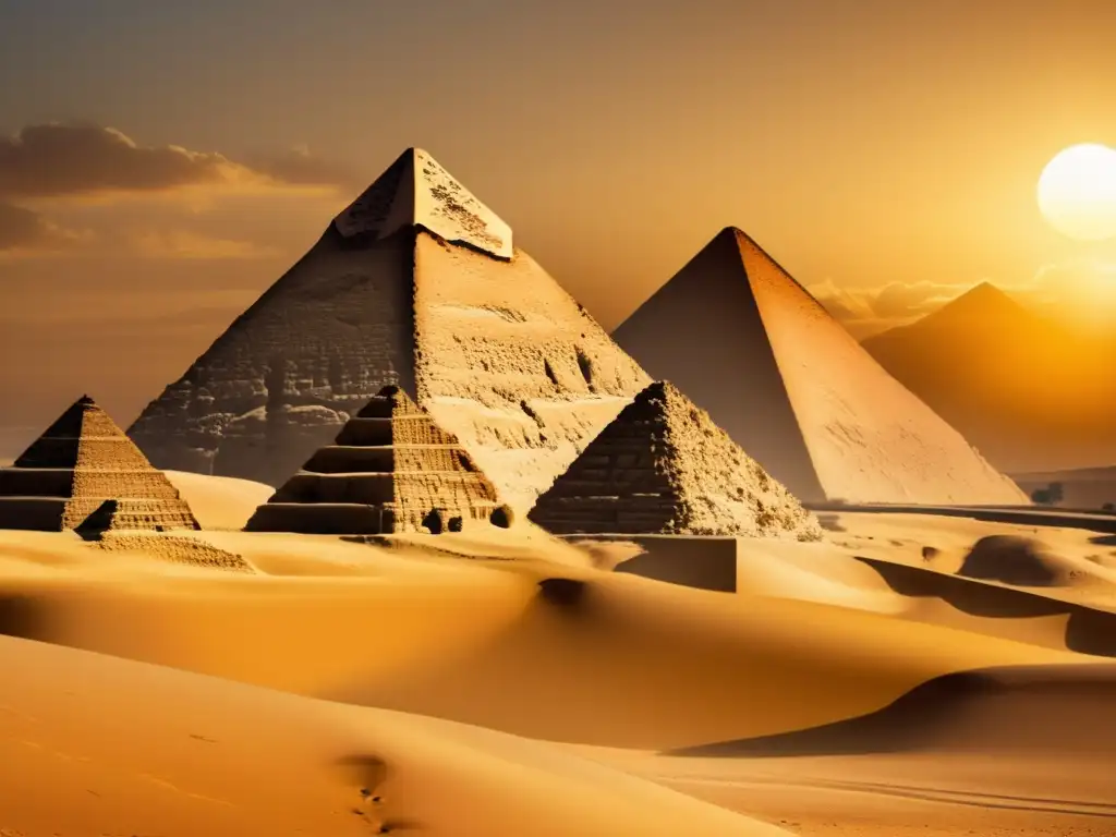 La majestuosidad de las Pirámides de Giza, iconos de la arquitectura y la ingeniería egipcia, se alza imponente sobre el desierto dorado