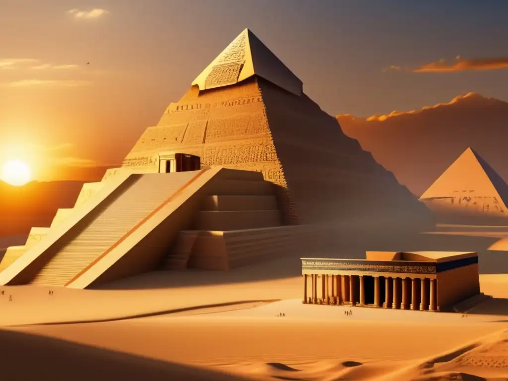 La majestuosidad del poder faraónico de la VI dinastía se revela en este complejo templo, iluminado por la cálida luz del atardecer dorado