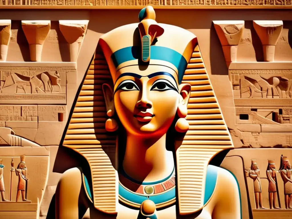 La majestuosidad de la Reina Hatshepsut en su atuendo faraónico, joyas y tocado en un relieve del Templo