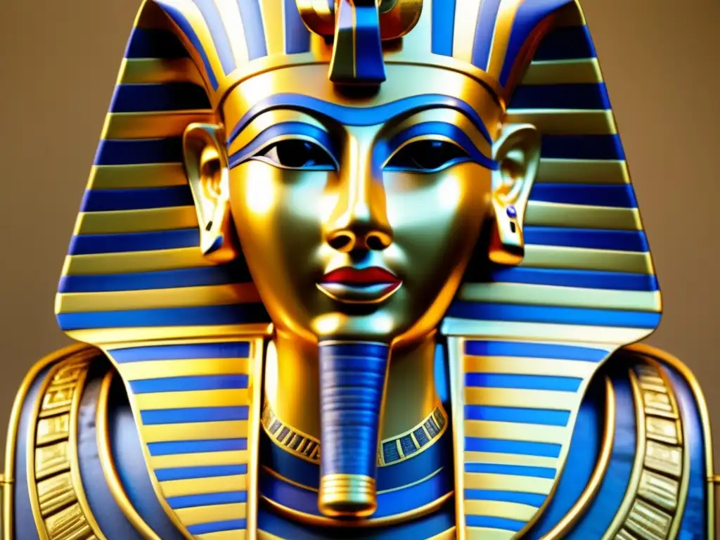 La majestuosidad del rostro del faraón Psusennes I en su máscara dorada de tumba en Tanis, con detalles intrincados y diseño elaborado