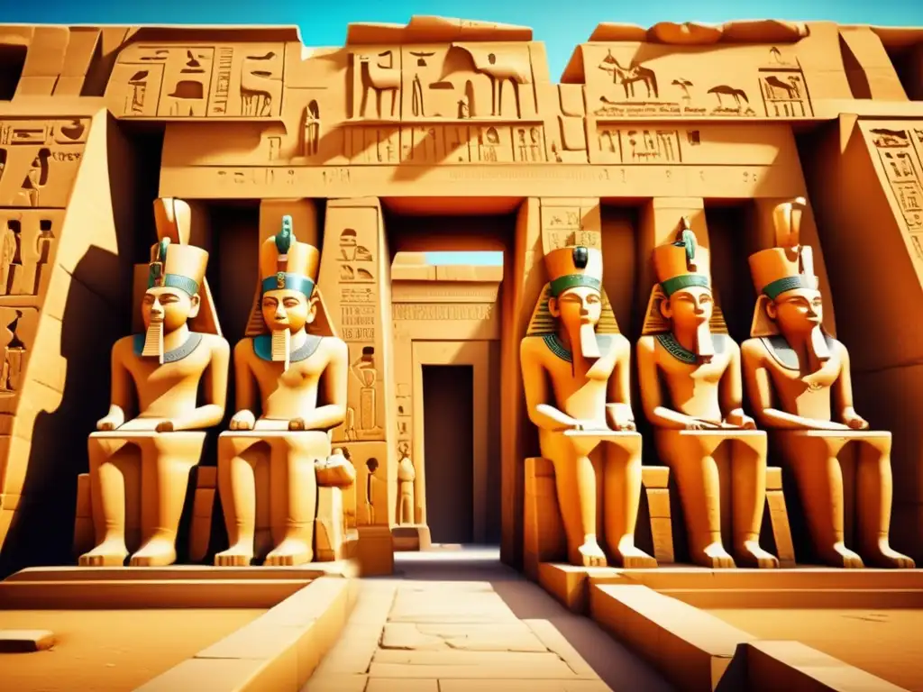 Descubre la majestuosidad del Templo de Karnak en el Antiguo Egipto, con sus relieves y murales que retratan la mitología egipcia