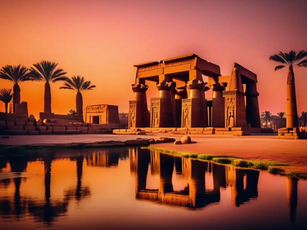 La majestuosidad del Templo de Mut en Karnak se refleja en el atardecer, iluminado por tonos naranjas y rosas del cielo