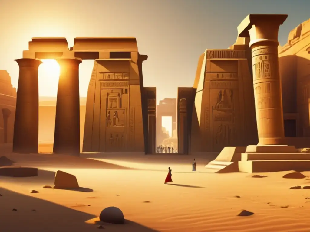 La majestuosidad de un templo egipcio en ruinas, bañado por la cálida luz dorada del sol