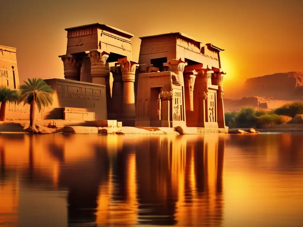 La majestuosidad del Templo de Filae, símbolo de la religión egipcia antigua, iluminado por los cálidos tonos dorados del atardecer