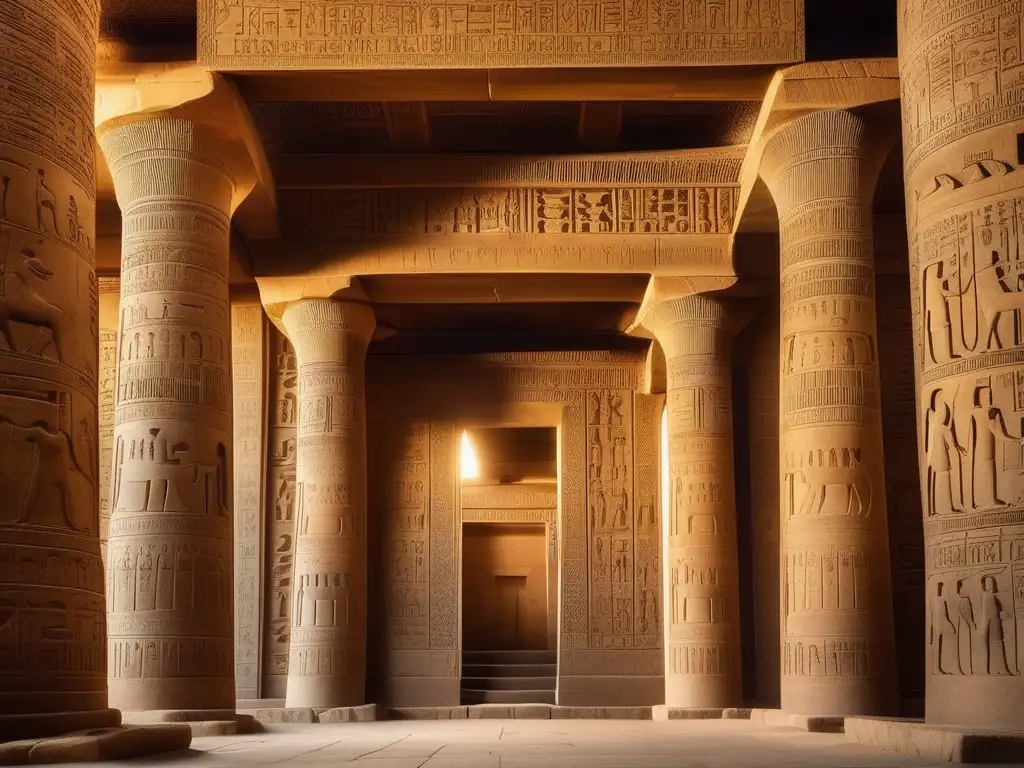 La majestuosidad del Templo de Hathor en Dendera, sus intrincados grabados y jeroglíficos, iluminados por una cálida luz dorada