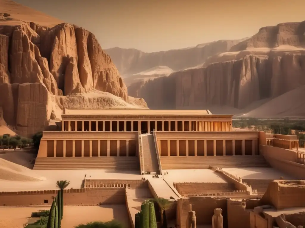 La majestuosidad del Templo Mortuorio de Hatshepsut en Luxor, Egipto, se muestra en una imagen detallada de 8k