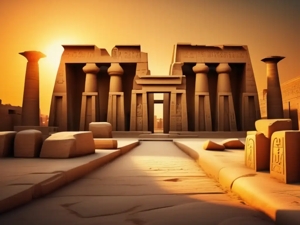 La majestuosidad de los Templos de Karnak en Egipto se revela al atardecer, iluminando las ruinas con un cálido resplandor dorado