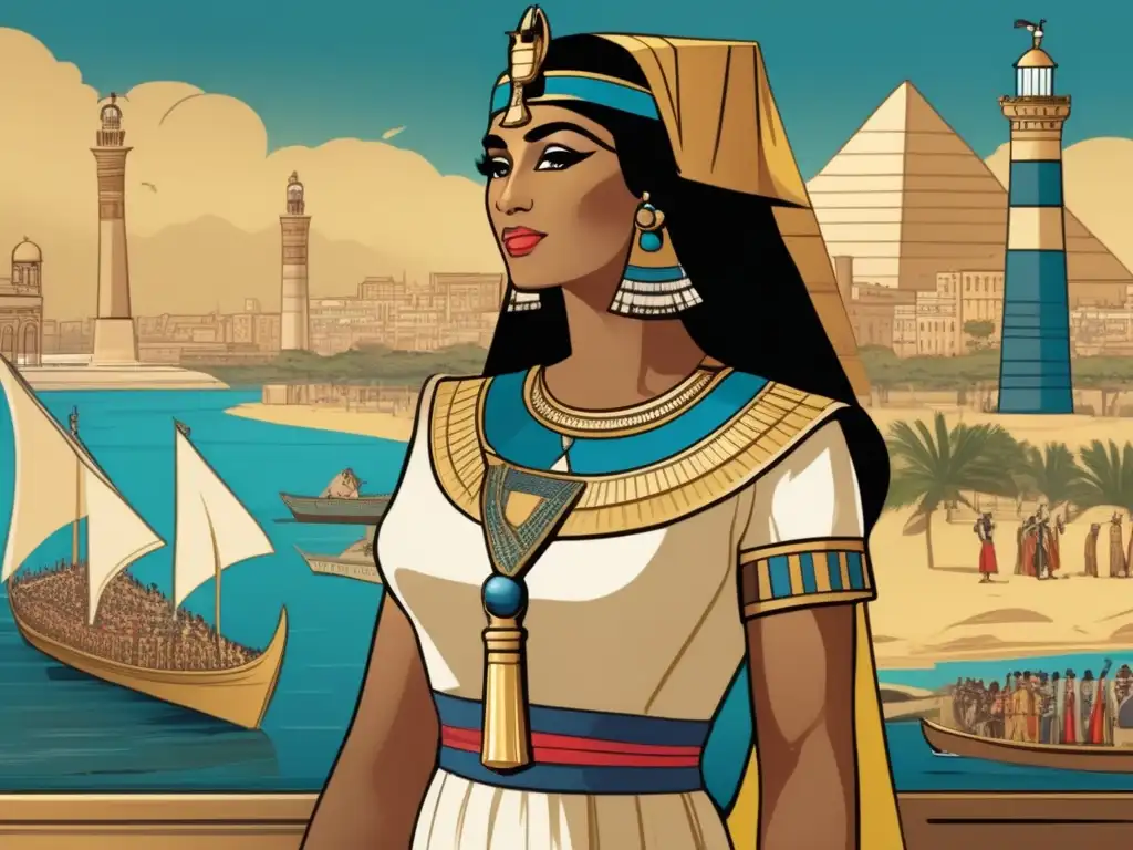 La majestuosidad de Cleopatra VII en su vida militar en Egipto, rodeada de leales soldados y el río Nilo de fondo