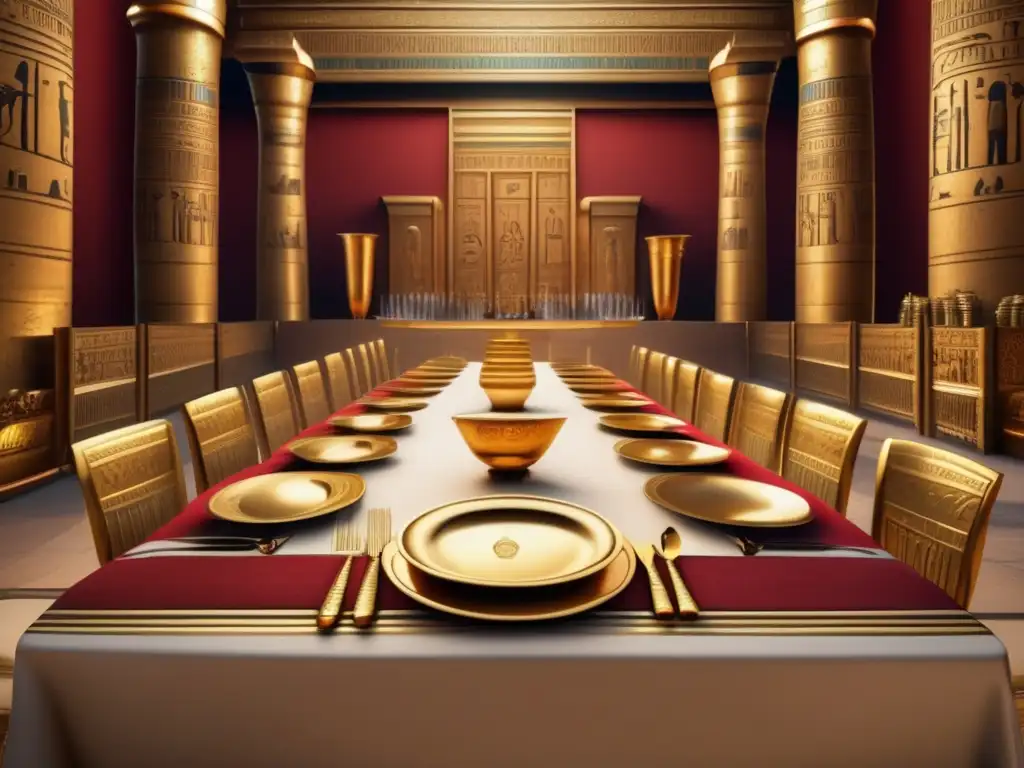 Un majestuoso banquete en el antiguo Egipto, con una mesa llena de utensilios dorados y platos ornamentados