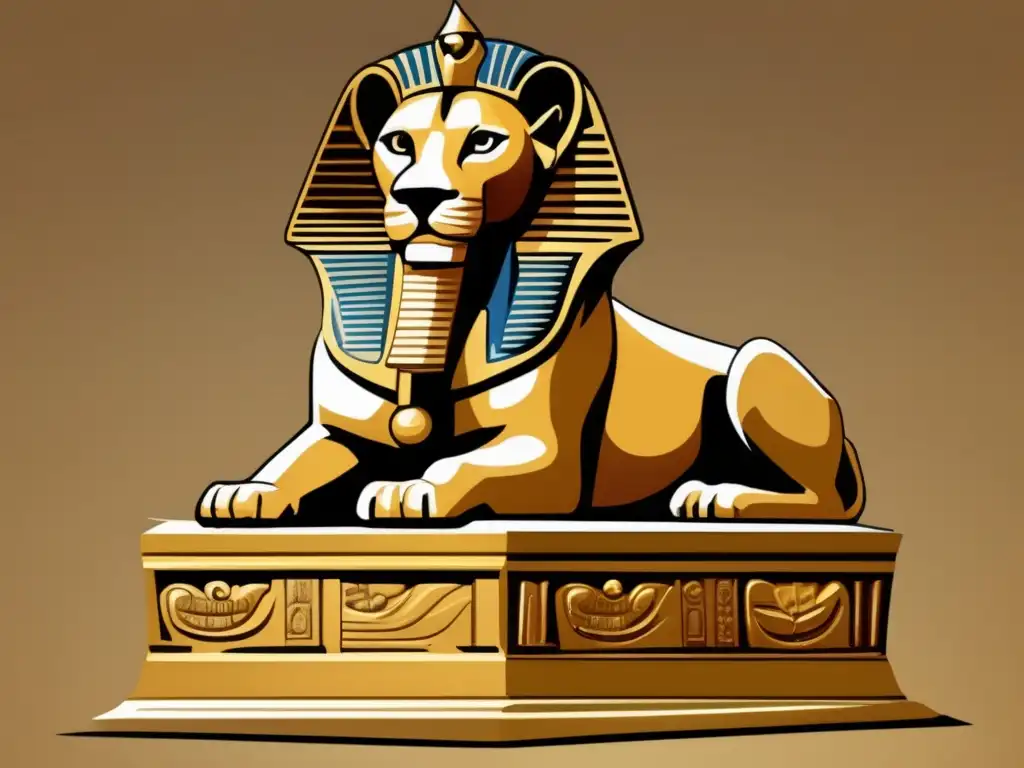 Un majestuoso bestiario egipcio de arte y mitología: una ilustración vintage detallada de una esfinge con cuerpo de león y cabeza humana