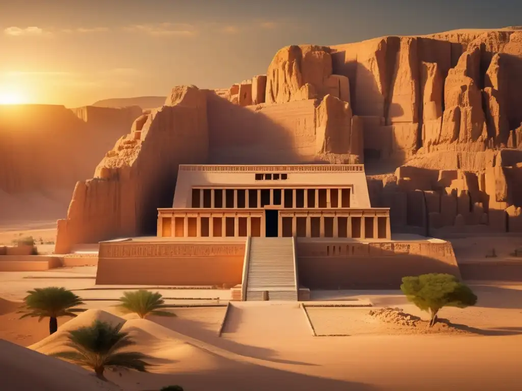 El majestuoso Complejo Funerario de la Reina Hatshepsut emerge del paisaje desértico, bañado por el cálido resplandor del sol poniente