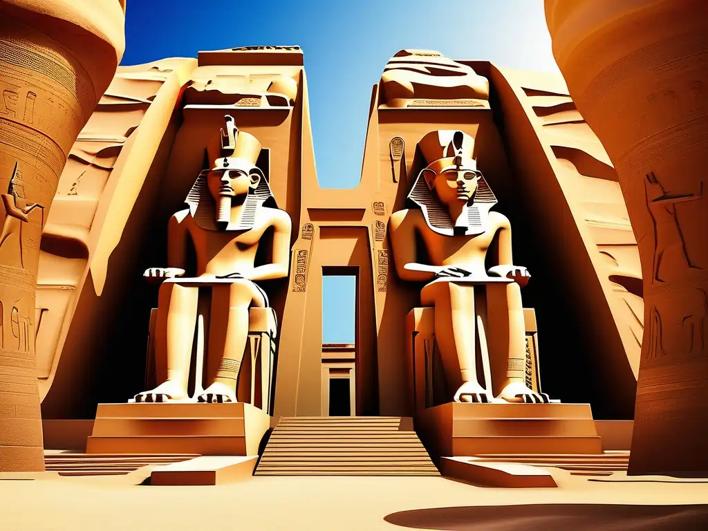 El majestuoso complejo del templo de Abu Simbel en Egipto, construido por Ramsés II faraón constructor de monumentos, domina la escena