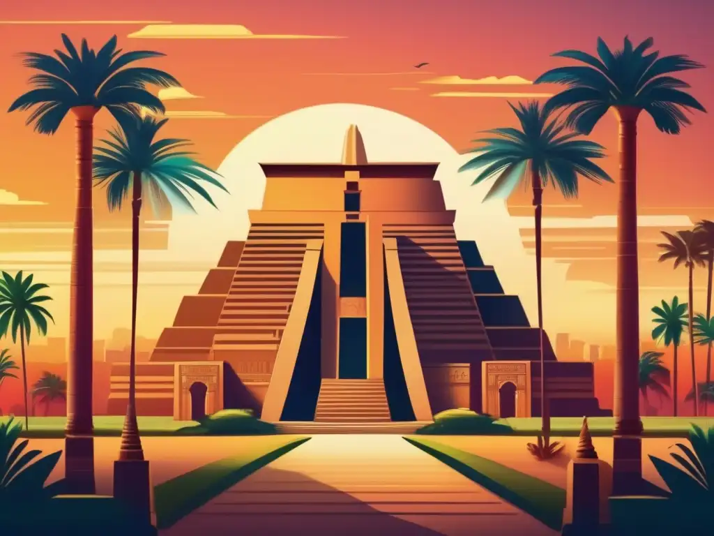 Majestuoso complejo del templo de Amenemhat III, rodeado de exuberante vegetación y palmeras