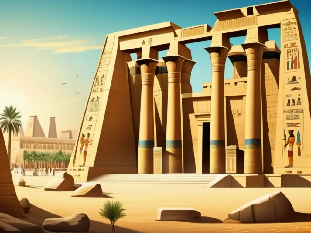 Un majestuoso complejo de templos en Luxor, con columnas imponentes y detalles tallados, bajo un cielo azul