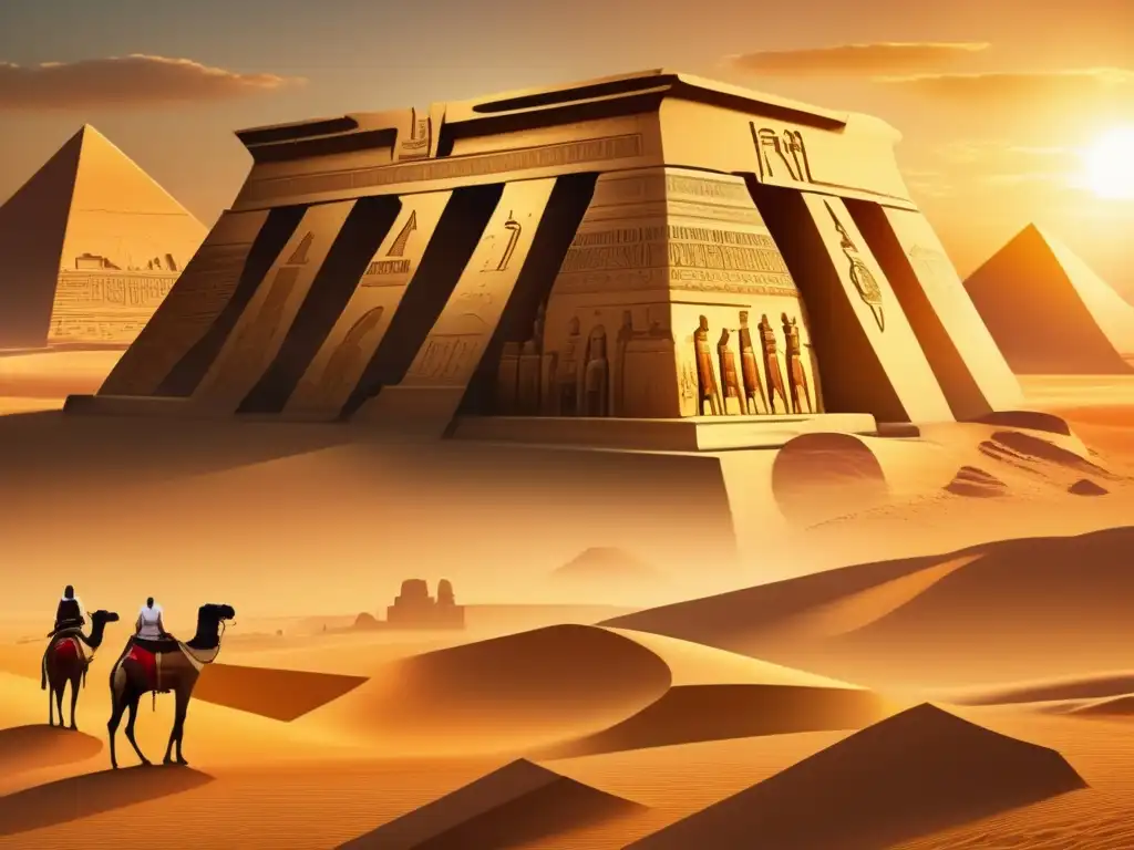 Un majestuoso complejo de templos egipcios en medio del vasto desierto