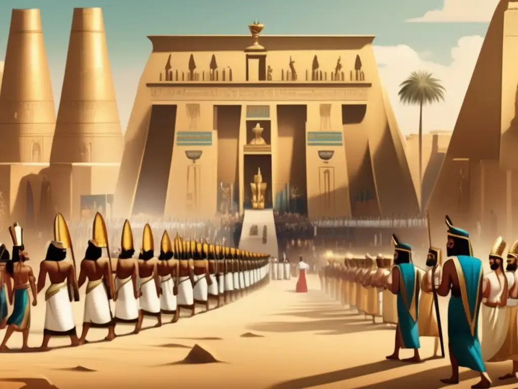 Procesión real egipcia: Majestuosidad y encanto en un antiguo templo Un majestuoso cortejo real en el antiguo Egipto: el faraón lidera una procesión de sacerdotes y oficiales, portando artefactos sagrados