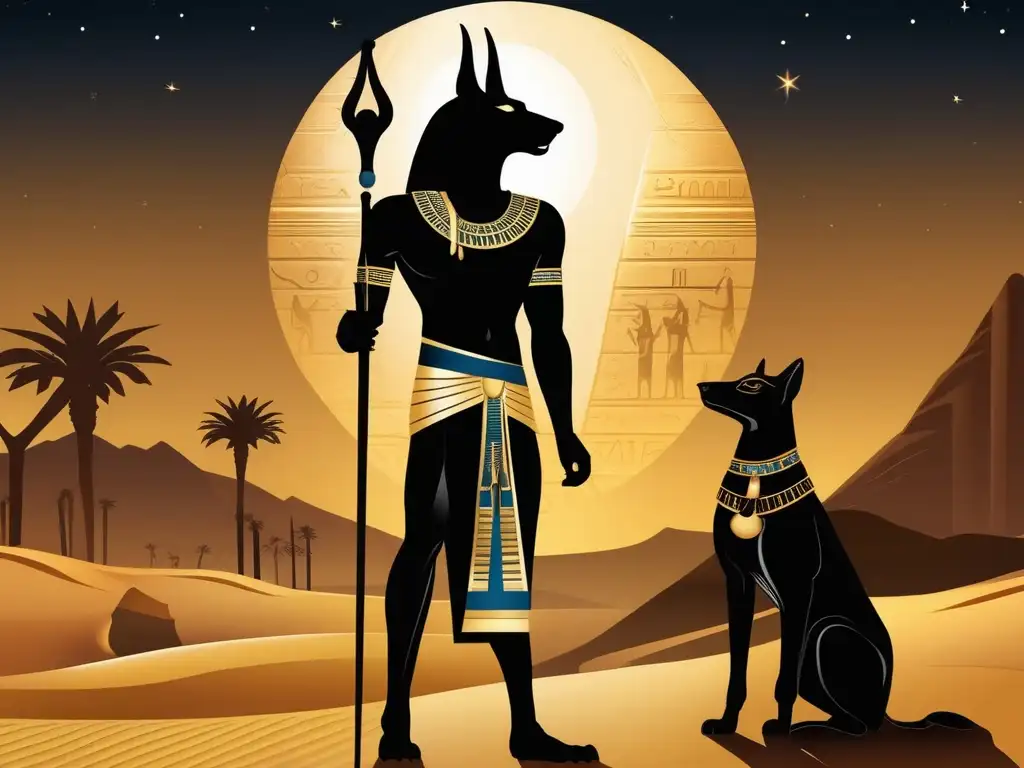 Majestuoso Anubis en el desierto iluminado por la luna