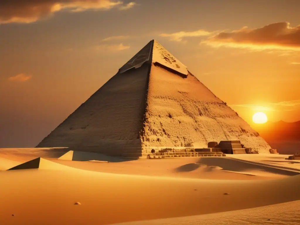 El majestuoso diseño de la Gran Pirámide de Giza bajo el cálido atardecer dorado