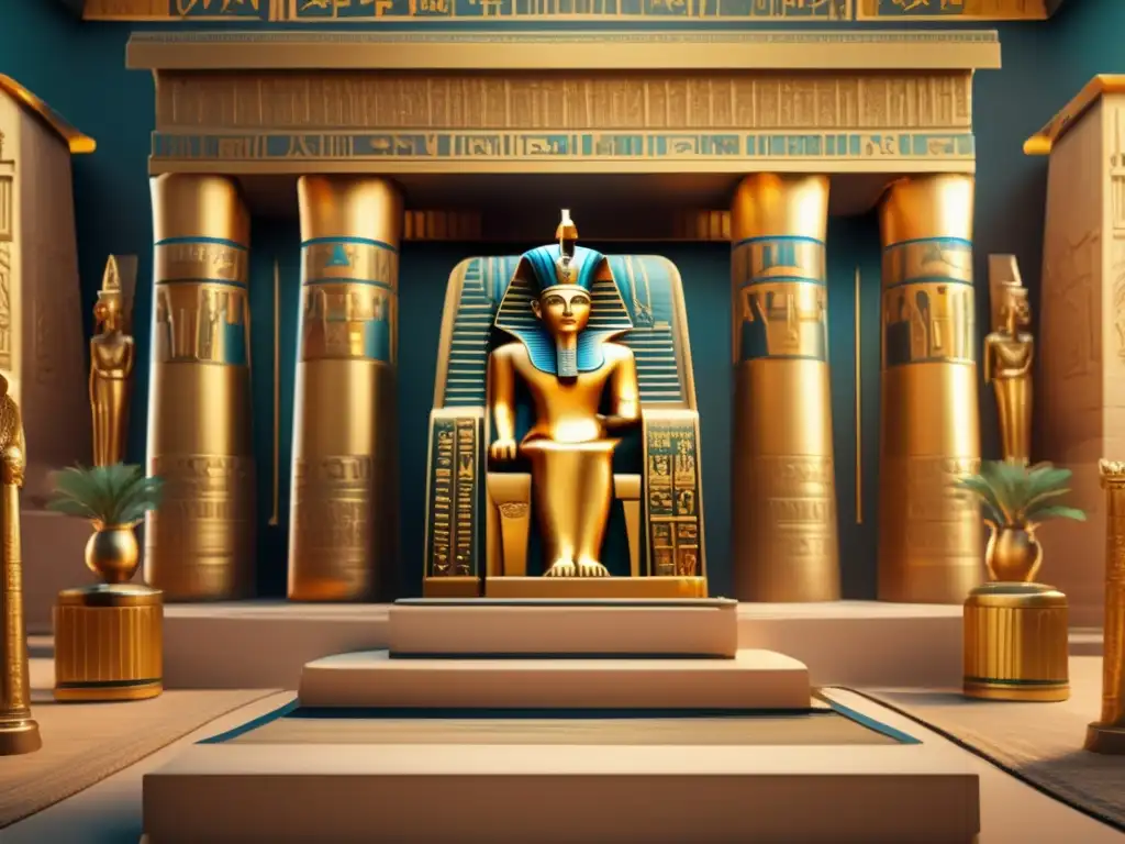 Un majestuoso escenario en el antiguo Egipto muestra una lujosa cámara real adornada con jeroglíficos intrincados y ornamentos dorados