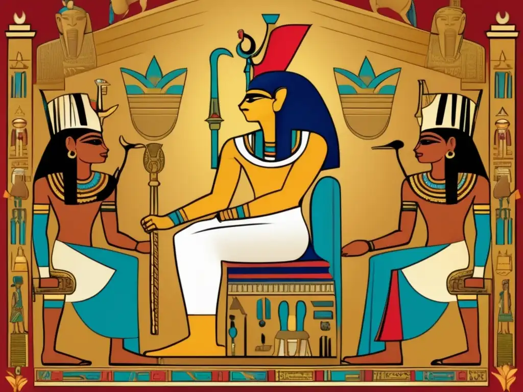 El poder y la majestuosidad de un faraón egipcio en su trono dorado Un majestuoso faraón egipcio en un trono dorado, rodeado de dioses y diosas, simbolizando su papel como intermediarios divinos