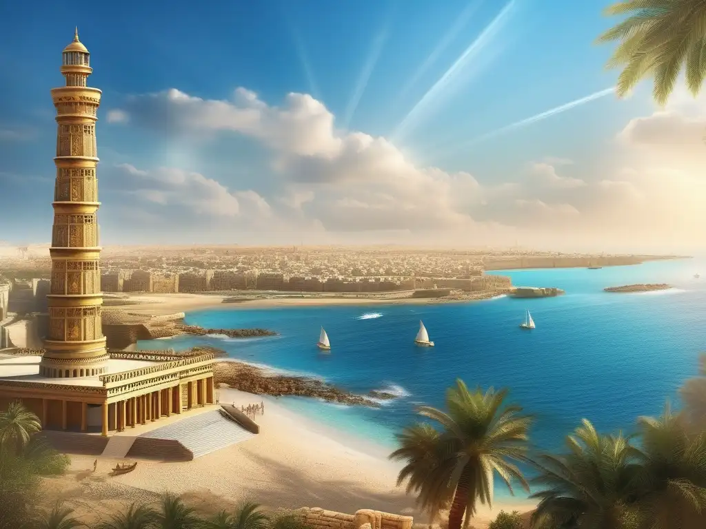El majestuoso Faro de Alejandría en el antiguo Egipto, un símbolo de belleza arquitectónica que se levanta sobre el mar Mediterráneo