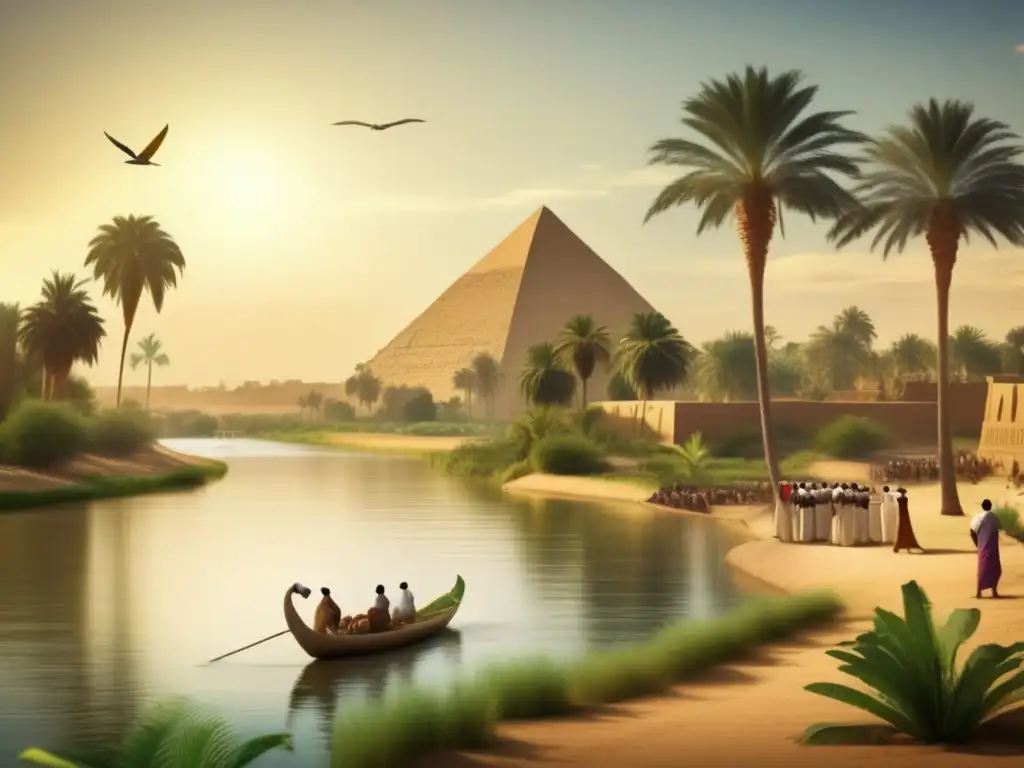 El majestuoso Nilo fluye a través del antiguo paisaje egipcio, rodeado de exuberante vegetación verde