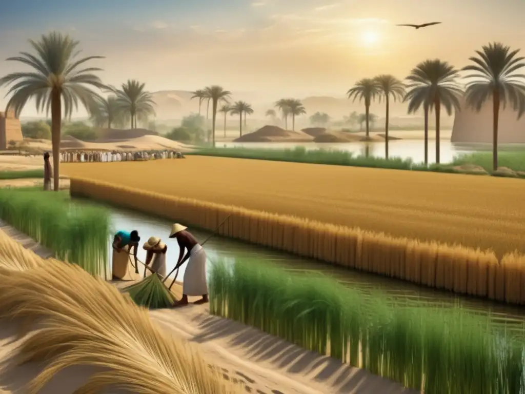 Majestuoso paisaje del antiguo Egipto, con agricultores cultivando lino cerca del fértil río Nilo