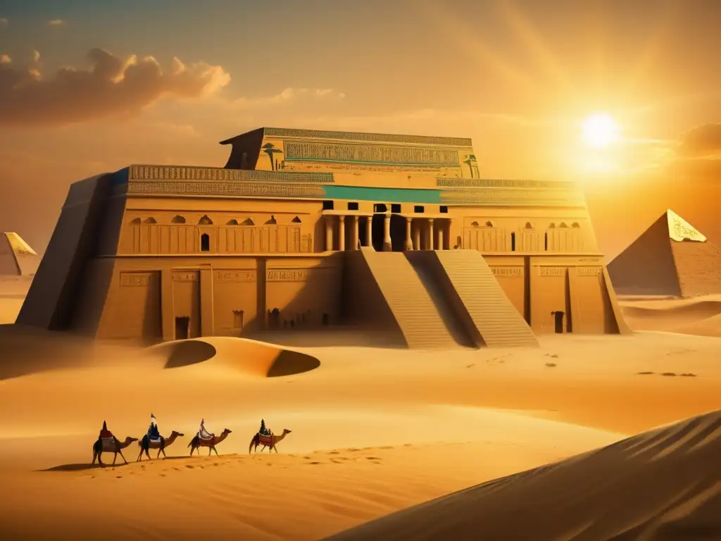 El esplendor de un majestuoso palacio en el antiguo Egipto Un majestuoso palacio en el antiguo Egipto, con sus muros adornados de jeroglíficos y murales coloridos