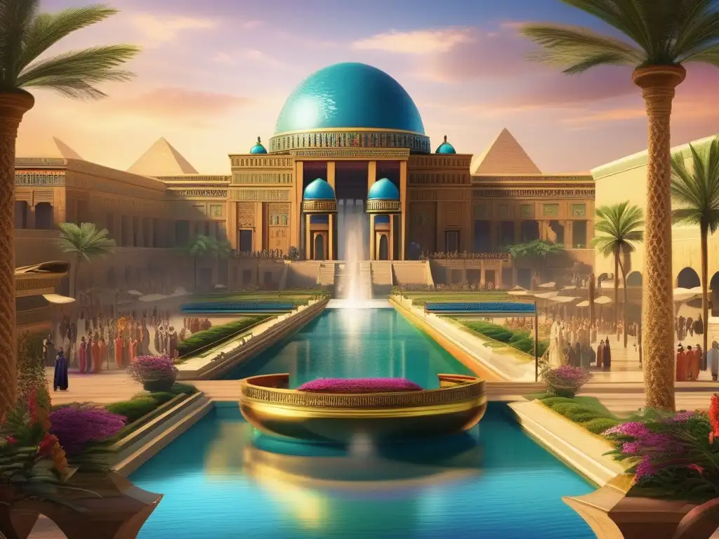 Palacio Egipcio: Poder y Diplomacia en el Antiguo Egipto Un majestuoso palacio egipcio en una ciudad antigua vibrante, símbolo de poder y diplomacia