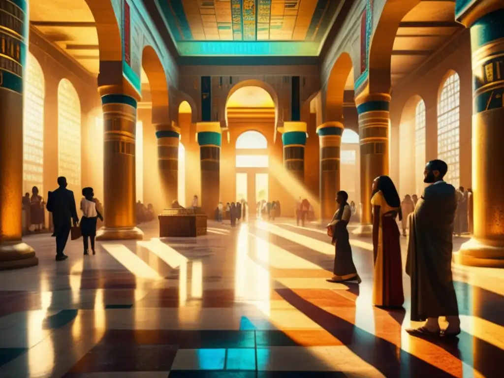 Un majestuoso palacio egipcio, donde sabios y estudiantes debaten rodeados de antigüedades y conocimiento