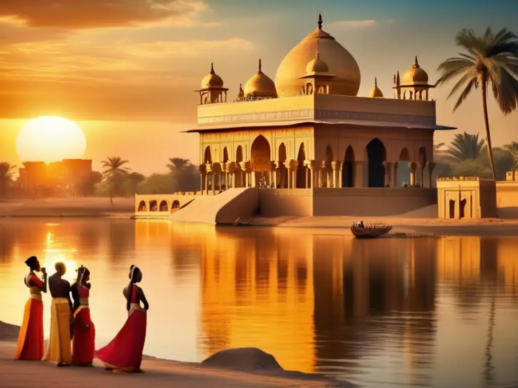 Esplendor en el Nilo: Palacio, música y danza cautivadora Un majestuoso palacio a orillas del río Nilo deslumbra con sus colores vibrantes y columnas imponentes