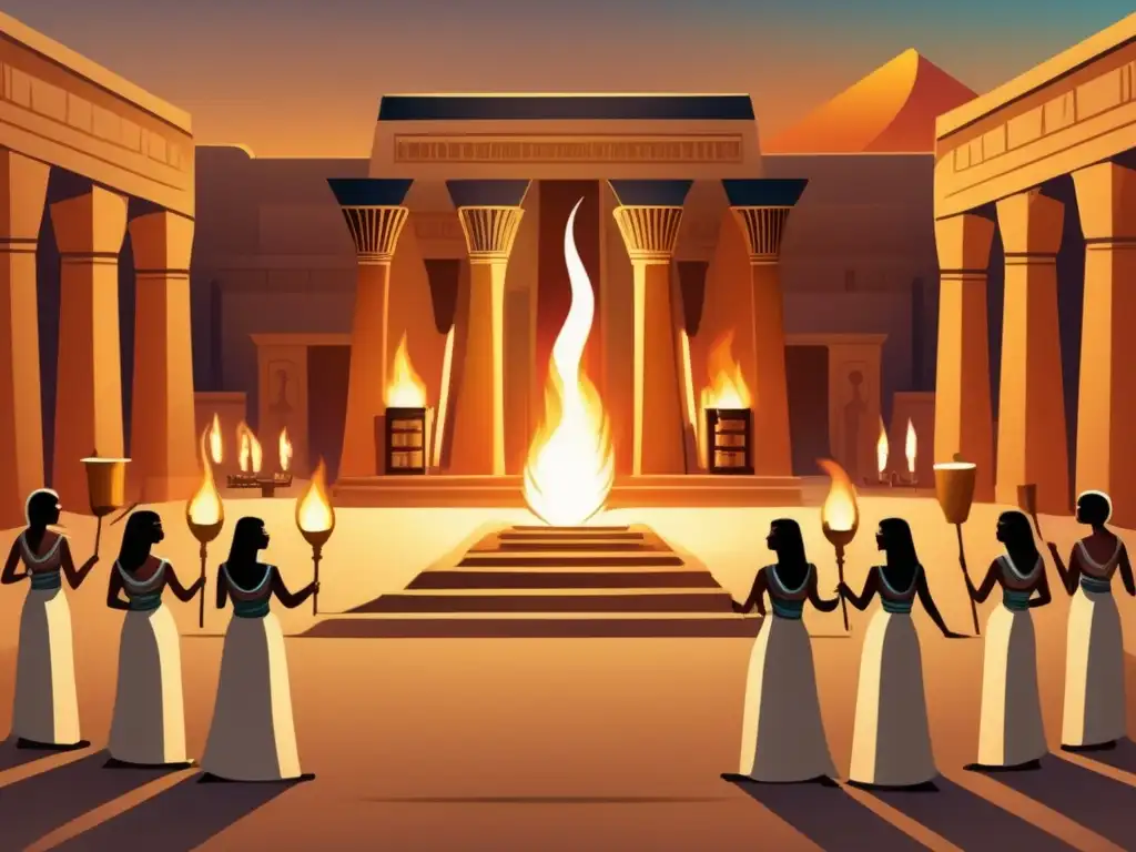 Un majestuoso patio de un antiguo templo en Egipto, donde los sacerdotes realizan fascinantes rituales del fuego