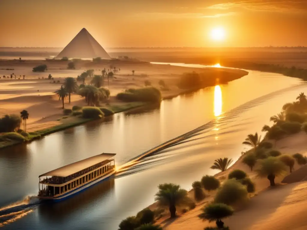 El majestuoso río Nilo fluye a través del antiguo paisaje egipcio, reflejando la luz dorada del atardecer