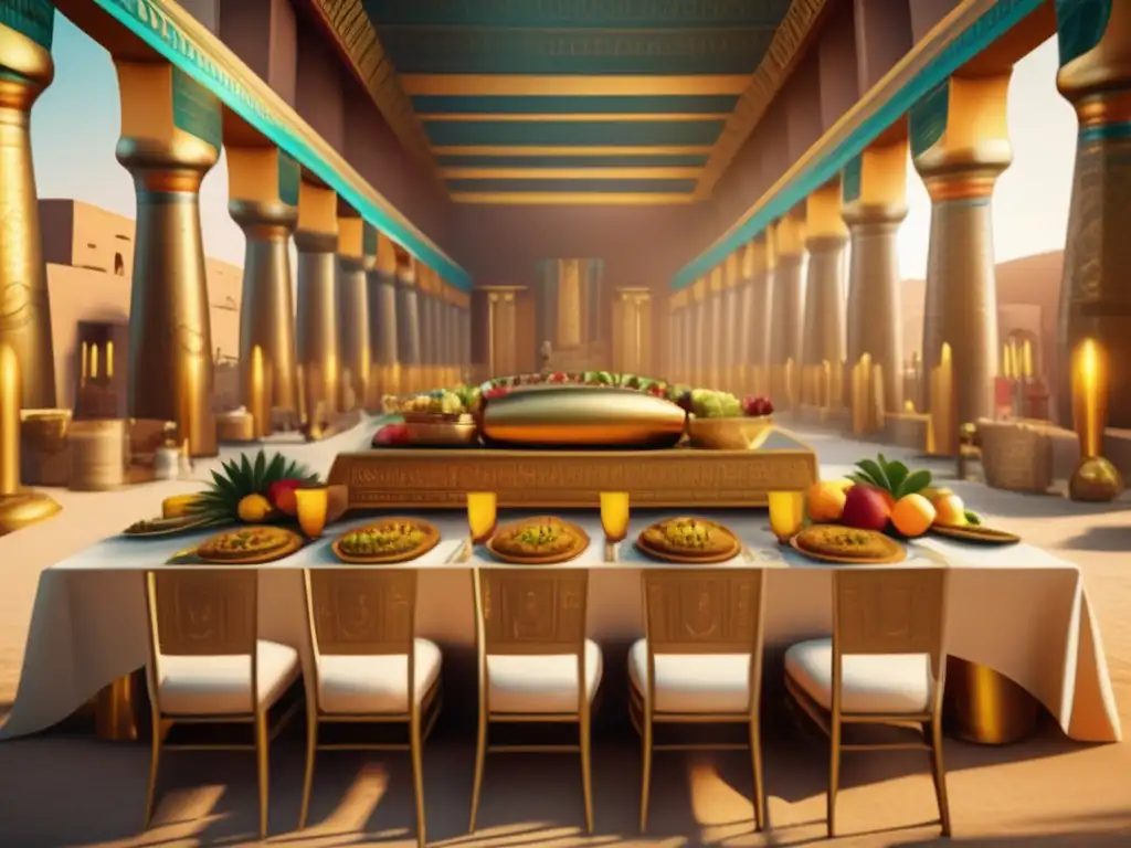 Un majestuoso salón de banquetes en el antiguo Egipto durante rituales de ofrenda a los dioses