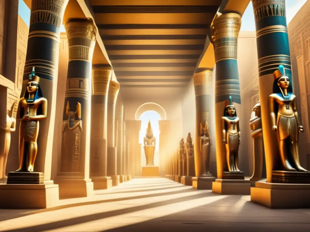 Un majestuoso salón lleno de estatuas deidades egipcias