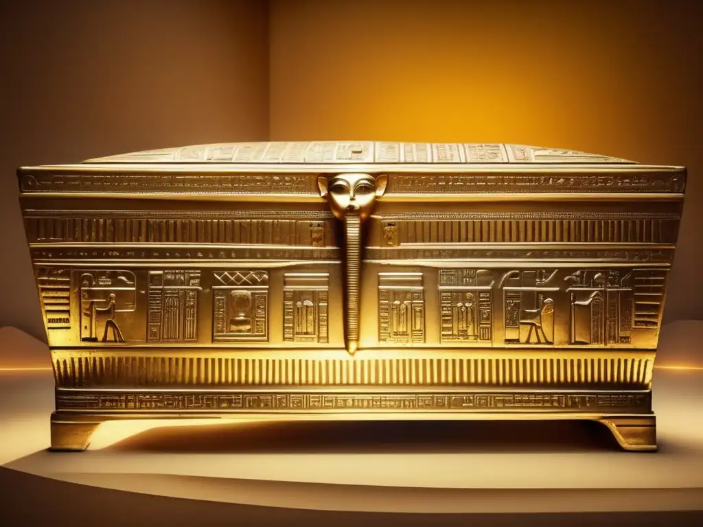 El majestuoso sarcófago dorado de Tutankamón, con intrincadas jeroglíficos y un brillo dorado suave