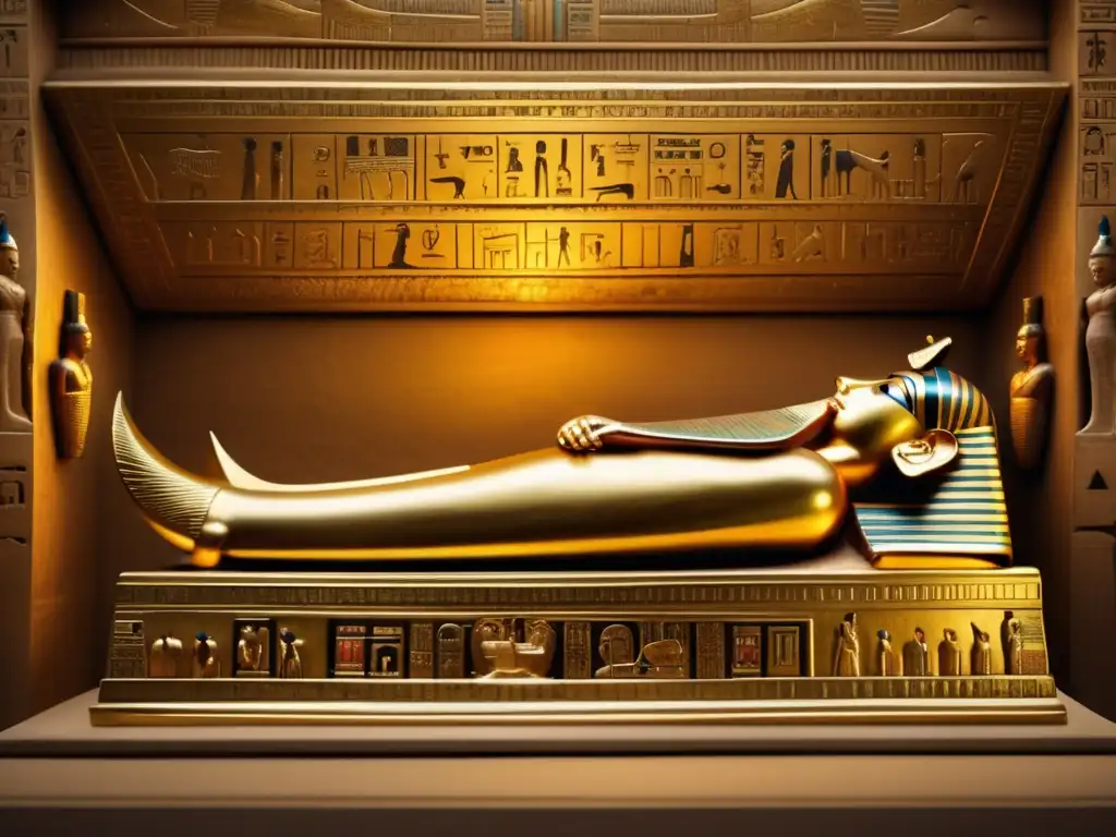 Majestuoso sarcófago de oro de Tutankamón, con jeroglíficos intrincados y símbolos, se alza en cámara oscura