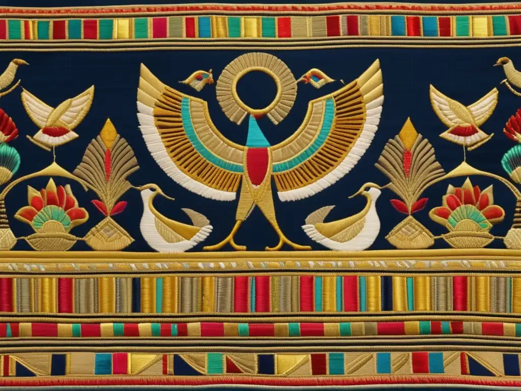 Un majestuoso tejido egipcio bordado con hilos vibrantes y detalles metálicos