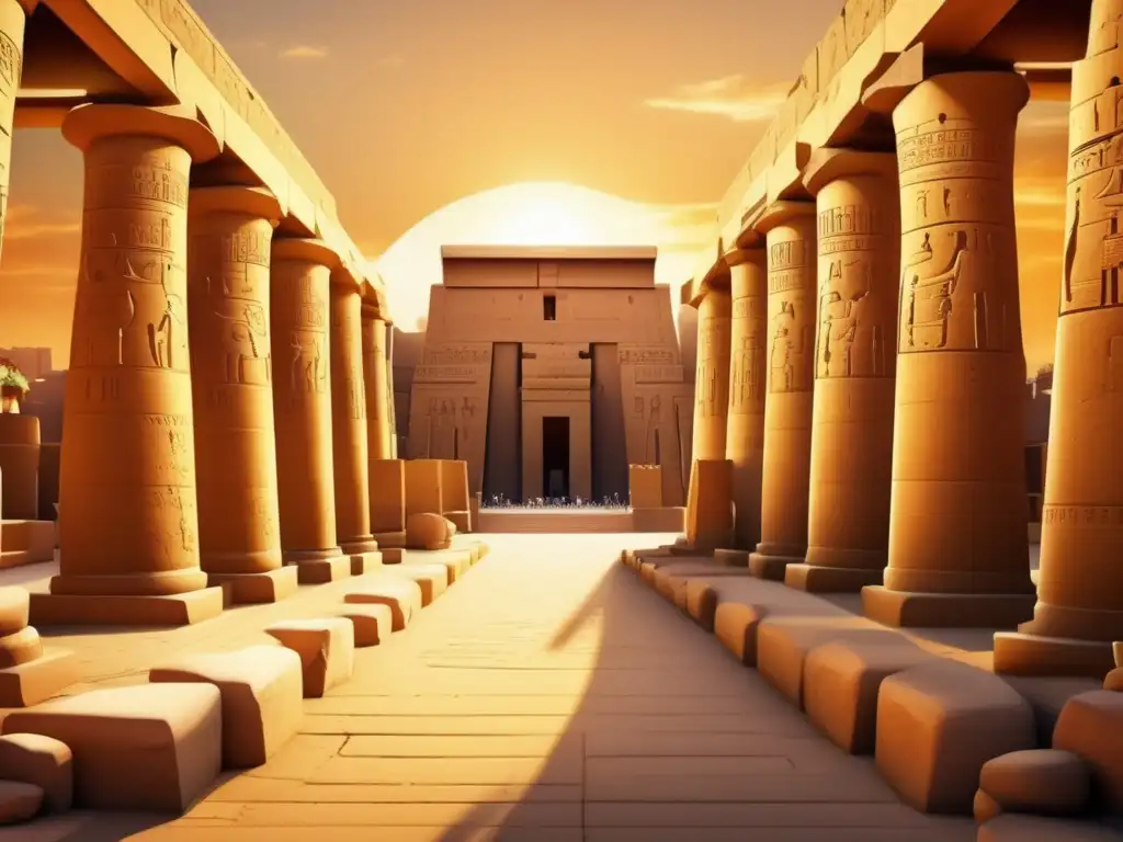 El majestuoso Templo de Karnak en el antiguo Egipto, bañado en la cálida luz dorada del atardecer