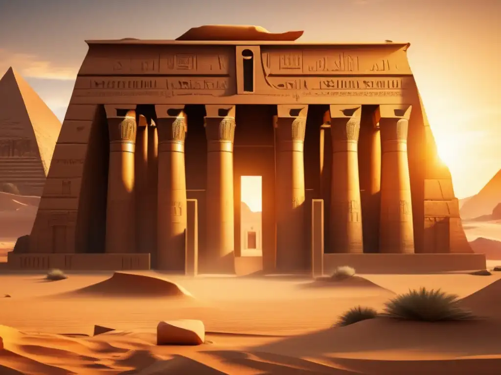 Un majestuoso templo del antiguo Egipto emerge en el desierto, con columnas imponentes y detalles intrincados