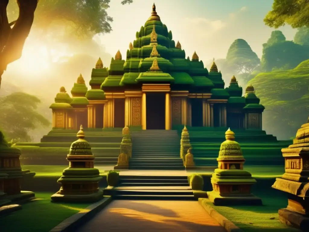 Un majestuoso templo antiguo se alza en medio de un exuberante bosque, mostrando la esplendor arquitectónico de una era pasada