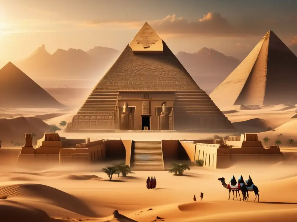 Un majestuoso templo en el antiguo Egipto emerge en medio del desierto, rodeado de muros imponentes y protegido por soldados