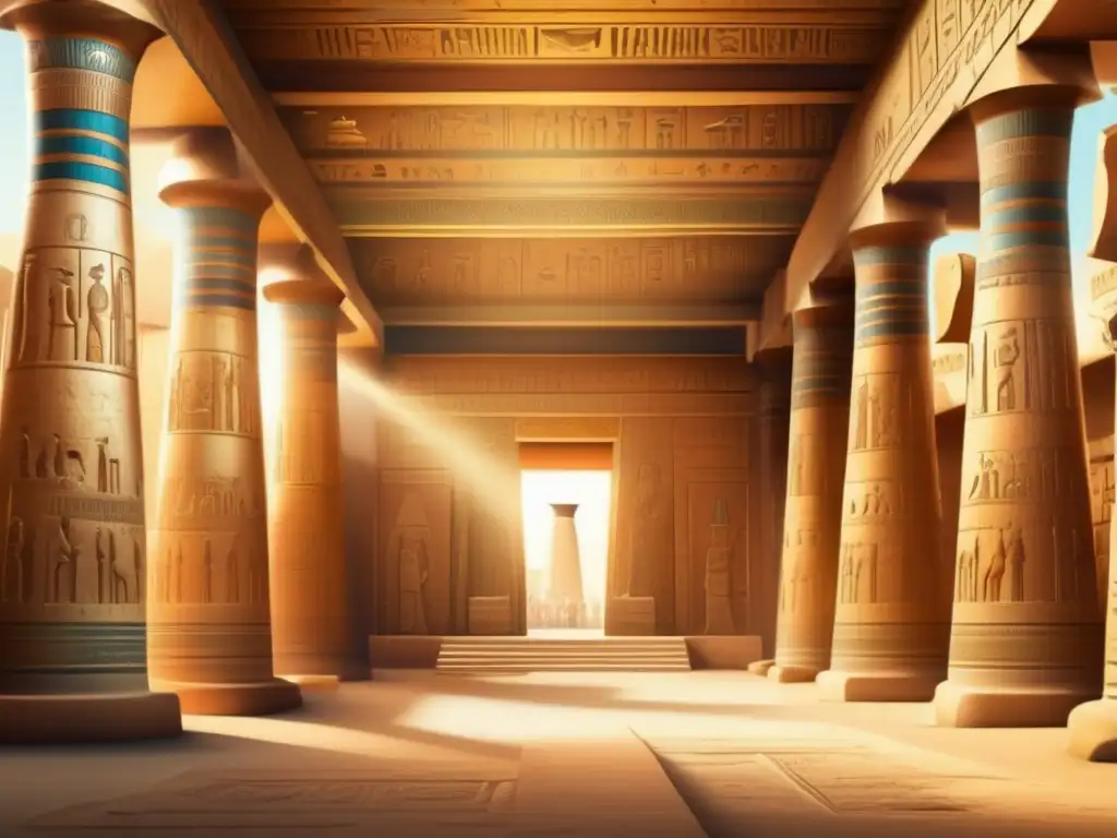 Un majestuoso templo del Antiguo Egipto con relieves y murales que representan a los dioses, transportándote a su época dorada
