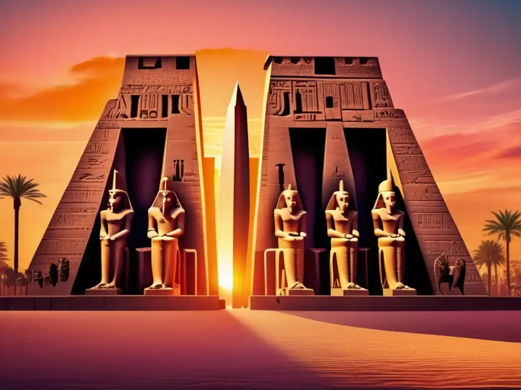 El majestuoso Templo de Luxor al atardecer, con sus altas columnas y jeroglíficos iluminados por los rayos dorados del sol