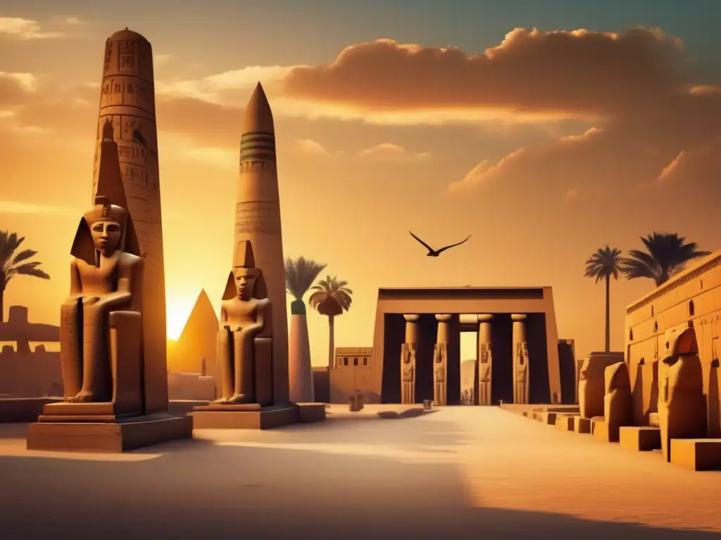 El majestuoso templo de Karnak al atardecer, con columnas imponentes e intricados jeroglíficos iluminados por el sol dorado
