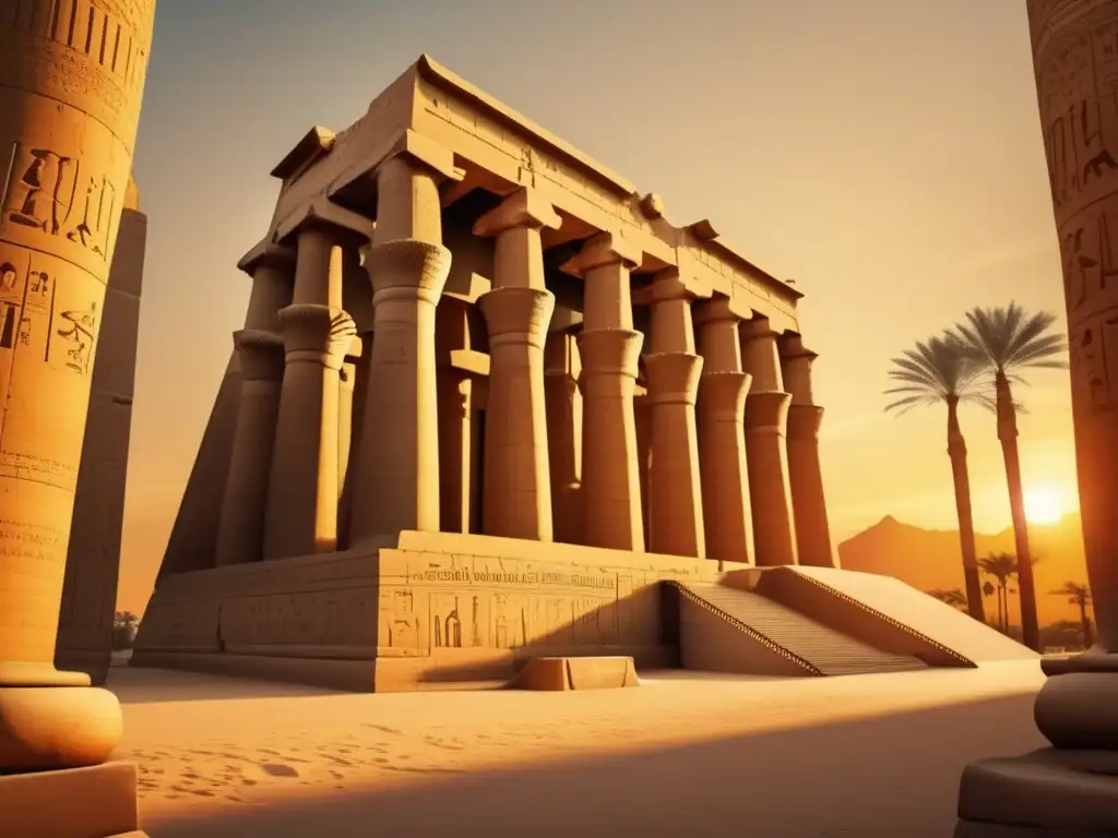 El majestuoso Templo de Luxor al atardecer, con sus columnas iluminadas por los suaves tonos dorados del sol poniente