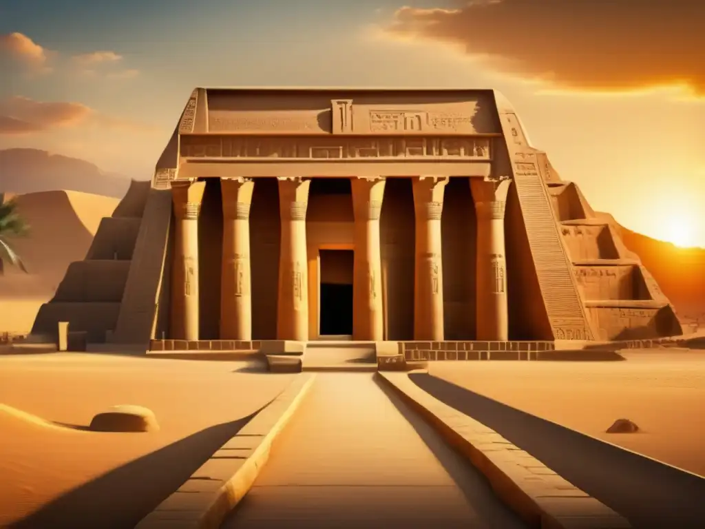 El majestuoso Templo de Seti I en Abidos, Egipto, bañado por la cálida luz dorada del atardecer