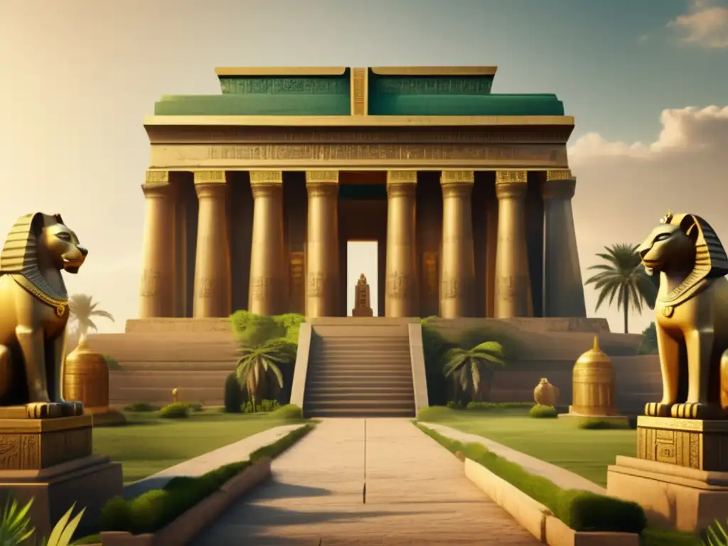 Un majestuoso templo dedicado a la diosa Sekhmet, rodeado de exuberante naturaleza