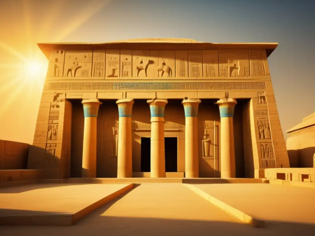 El majestuoso Templo de Dendera, bañado por una cálida luz dorada, muestra sus intrincados grabados y jeroglíficos